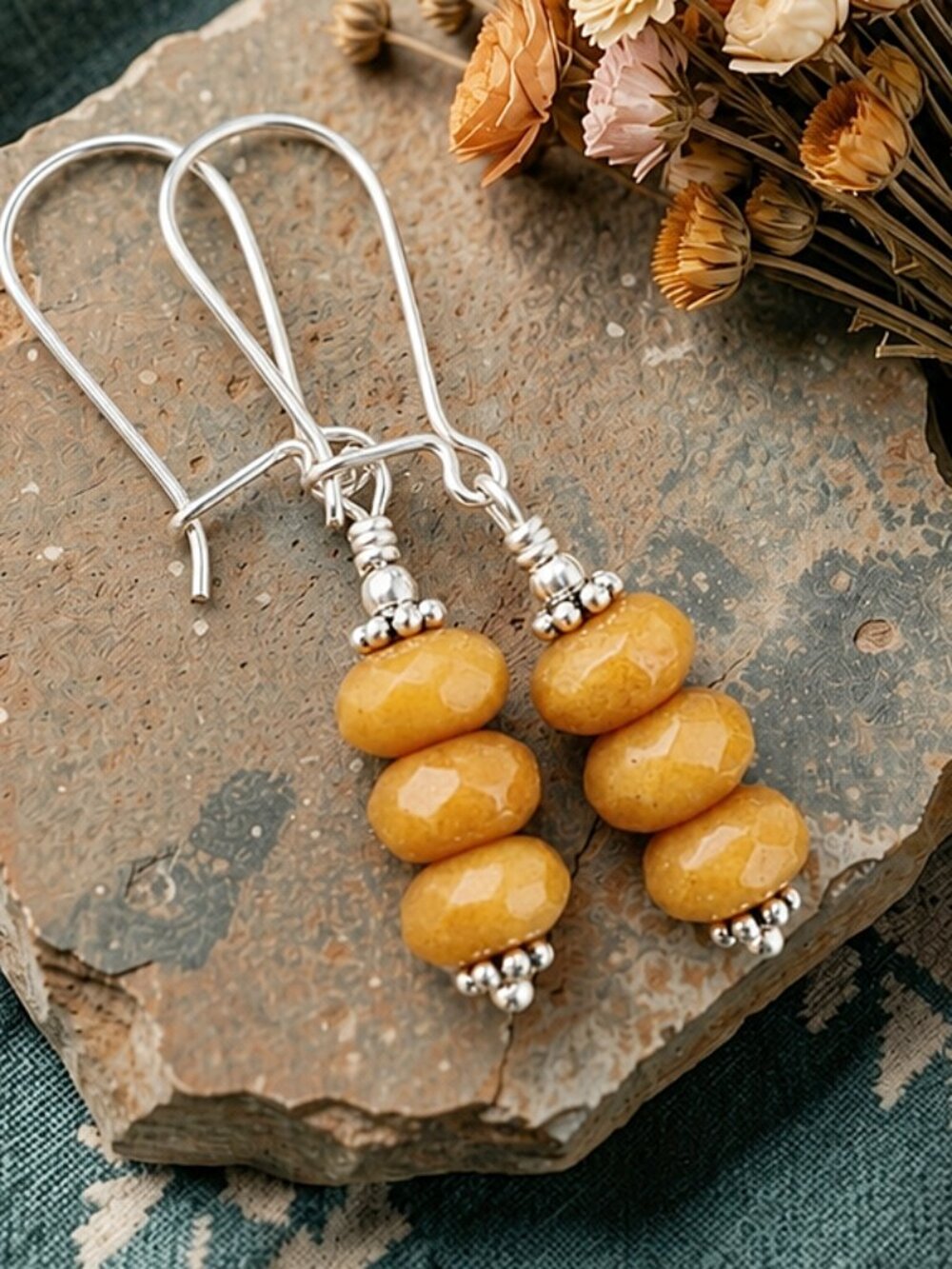 Honey Calcite Sterling Silver Dangle Earrings Yellow Gemstone Artisan Handmade